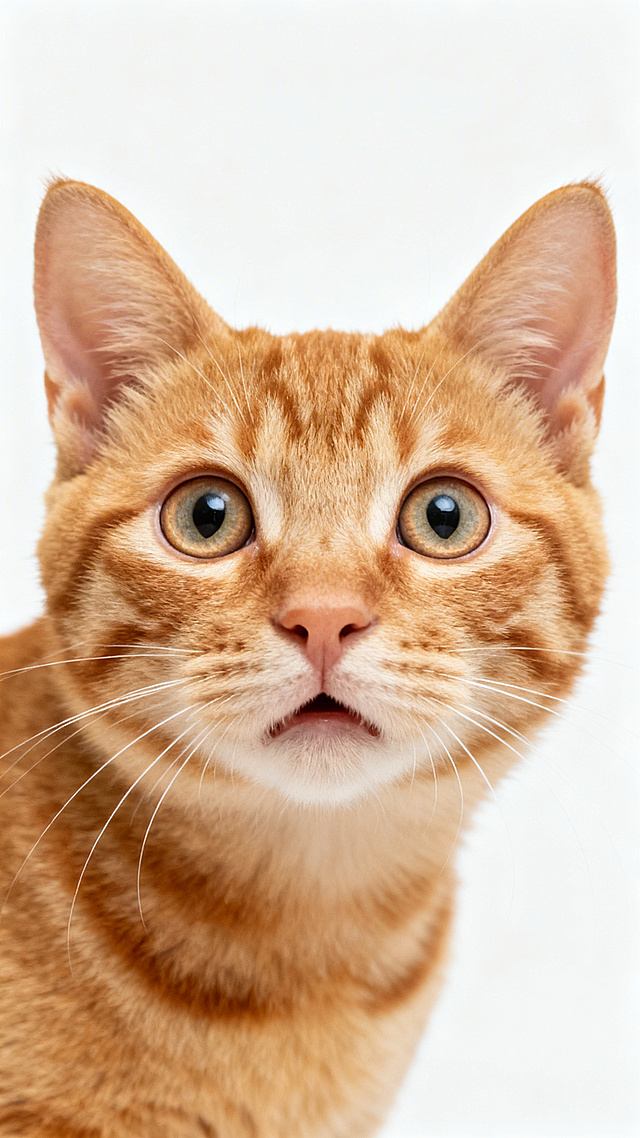 一只露出震惊表情的橘猫，纯白色背景