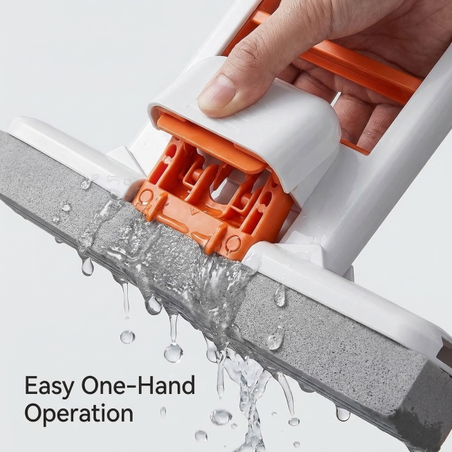 迷你拖把免手洗功能特写，产品橙色挤压结构清晰可见，手指按压演示操作，旁边有水滴效果展示吸水能力，背景浅灰，左下角英文"Easy One-Hand Operation"，极简风格，突出产品机械结构和使用预览效果