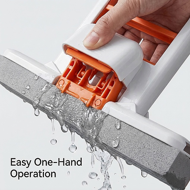 迷你拖把免手洗功能特写，产品橙色挤压结构清晰可见，手指按压演示操作，旁边有水滴效果展示吸水能力，背景浅灰，左下角英文"Easy One-Hand Operation"，极简风格，突出产品机械结构和使用便捷性，1:1比例，2K分辨率