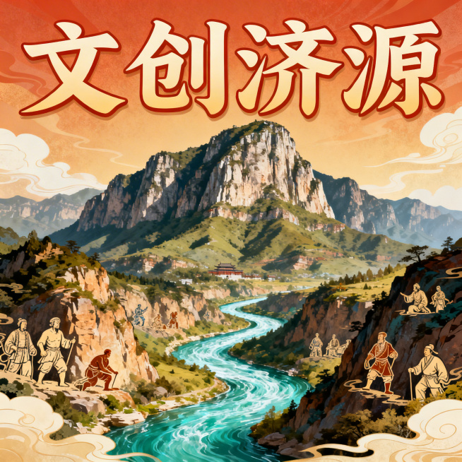 文创济源宣传海报，巍峨高耸的王屋山矗立，清澈黄河支流蜿蜒流淌，融入愚公移山精神的经典人物意象元素，国潮文创风格，色彩饱满，视觉冲击力强，顶部醒目标题"文创济源"预览效果