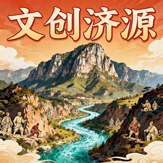 文创济源宣传海报，巍峨高耸的王屋山矗立，清澈黄河支流蜿蜒流淌，融入愚公移山精神的经典人物意象元素，国潮文创风格，色彩饱满，视觉冲击力强，顶部醒目标题"文创济源"