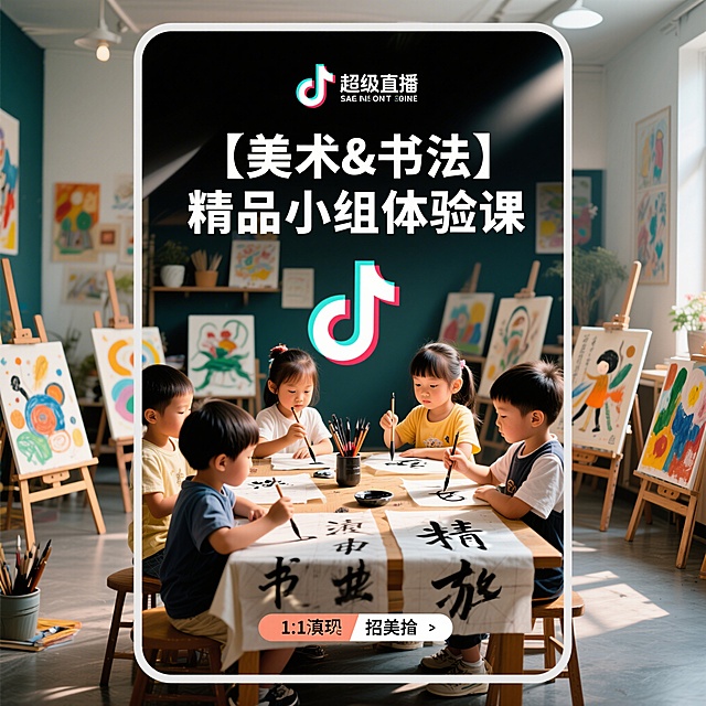 高端高级风格抖音直播间招生图，画面中少儿美术内容占70%，书法内容占30%，画面中央带有清晰完整文案"【美术&书法】精品小组体验课"，整体大气高级，适合艺术培训招生