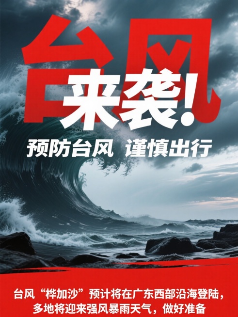 背景为台风天，上方有标题红色 “台风”、白色 “来袭”，白色副标题“预防台风 谨慎出行” 文字，底部是红底白色字“台风“桦加沙”预计将在广东西部沿海登陆，多地将迎来强风暴雨天气，做好准备”预览效果