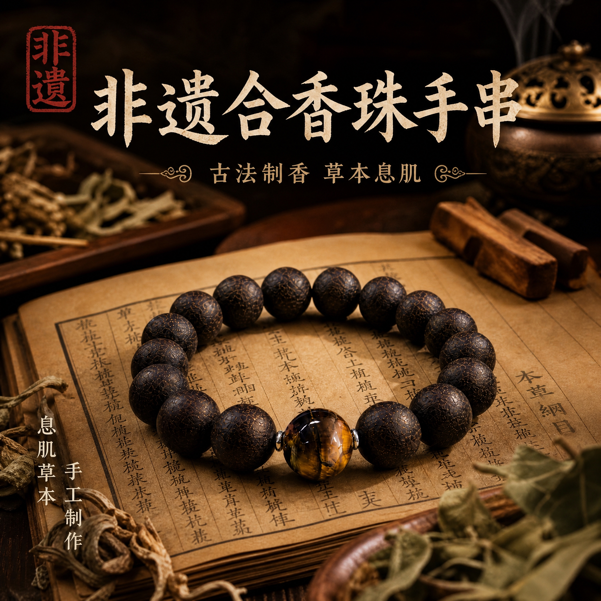 [主图-1] 非遗合香珠手串首图，突出非遗身份与草本息肌核心卖… - 图片创意预览