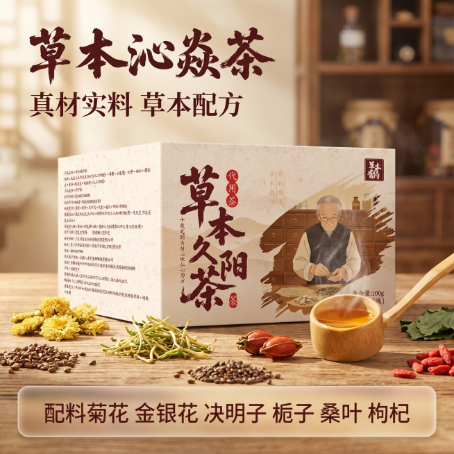 [主图 1] 草本沁焱茶产品首图展示。
[氛围风格] 抖音店铺风，复古国潮，真实自然，有食欲感；
[画质] 商业摄影质感，光线柔和通透，产品清晰真实，画面干净高级。
[元素] 将草本沁焱茶包装盒放在真预览效果