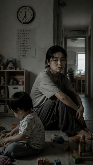 一位母亲整天围着孩子转，所有精力都放在孩子身上，失去了自己的生活与兴趣，神情迷茫，压抑的氛围，写实风格预览效果