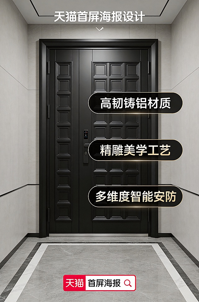 天猫首屏海报，轻奢别墅玄关场景，浅灰色墙面搭配大理石地面，主体是一扇哑光黑色精雕铸铝防盗门，门体带有清晰的方格精雕纹理，画面右侧悬浮三个卖点标签，文字分别是"高韧铸铝材质"、"精雕美学工艺"、"多维度智能安防"，文字颜色为白色和浅金色，画面干净有质感，光影柔和突出门体质感，整体风格极简轻奢，高端黑配色，商业摄影质感，4K高清