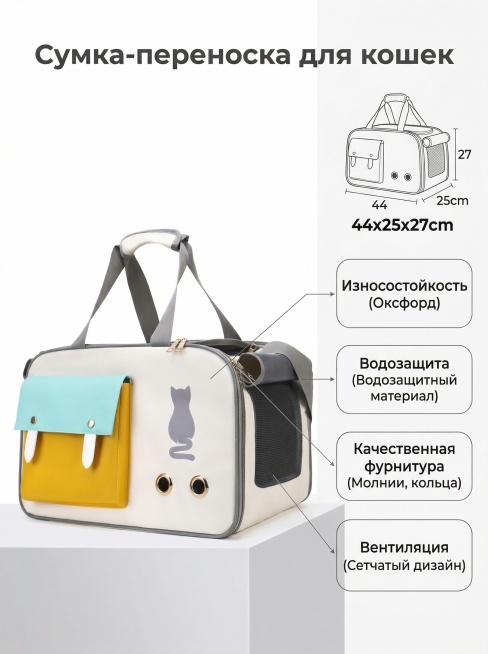 基于原图生成Ozon电商详情副图，3:4竖版构图，商业产品摄影风格，8K超清，质感细腻，无水印，柔和均匀的无影棚拍光影。主体为图片中的拼色宠物包，放置在哑光白低矮展台上，包包轻微45°侧摆，完整展示包预览效果