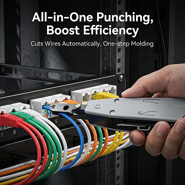 [Main Image 2] Working scenario display of Multi-function Impact Punch Down Tool. Keep the product appearance exactly the same as the original product images. Show the tool in actual operation, punching wire into a network patch panel with colorful cables around. Core English slogan at the top: "All-in-One Punching, Boost Efficiency", smaller text "Cuts Wires Automatically, One-step Molding". Dark industrial background, hard light, high contrast texture, highlight the sturdy hardware quality. Composition layout: product operation area in center, text at top, clean and powerful tool style. 1:1 ratio, 2K resolution, meets Amazon requirements.