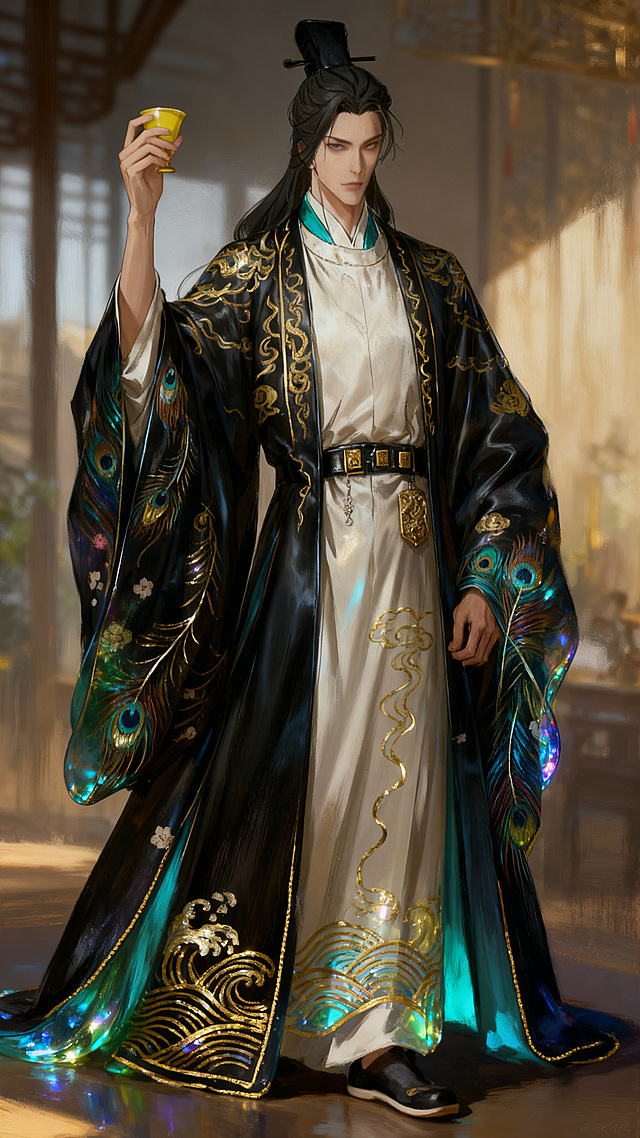 在衣服下摆添加金线海浪纹样，给外袍整体边缘加上细金线滚边，加长衣长露出鞋子，保留原图人物造型、五官发型、整体古风厚涂风格，符合人体比例