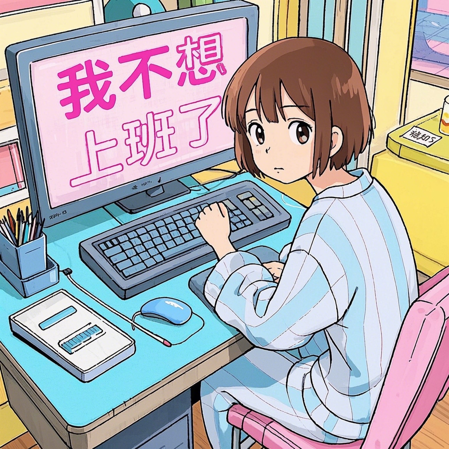 一个女孩对着电脑说：我不想上班了 - 图片创意预览