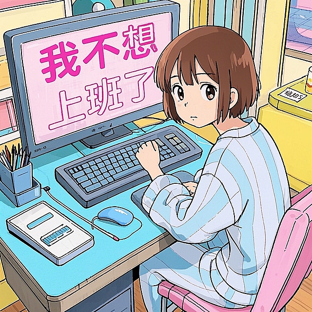 一个女孩对着电脑说：我不想上班了