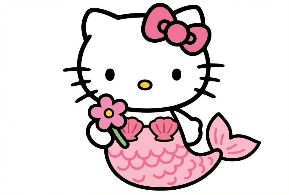 参考图中的粉色美人鱼尾巴样式，为Hello Kitty的下半身替换成同款粉色美人鱼尾巴，保持之前Hello Kitty的简笔画风格预览效果