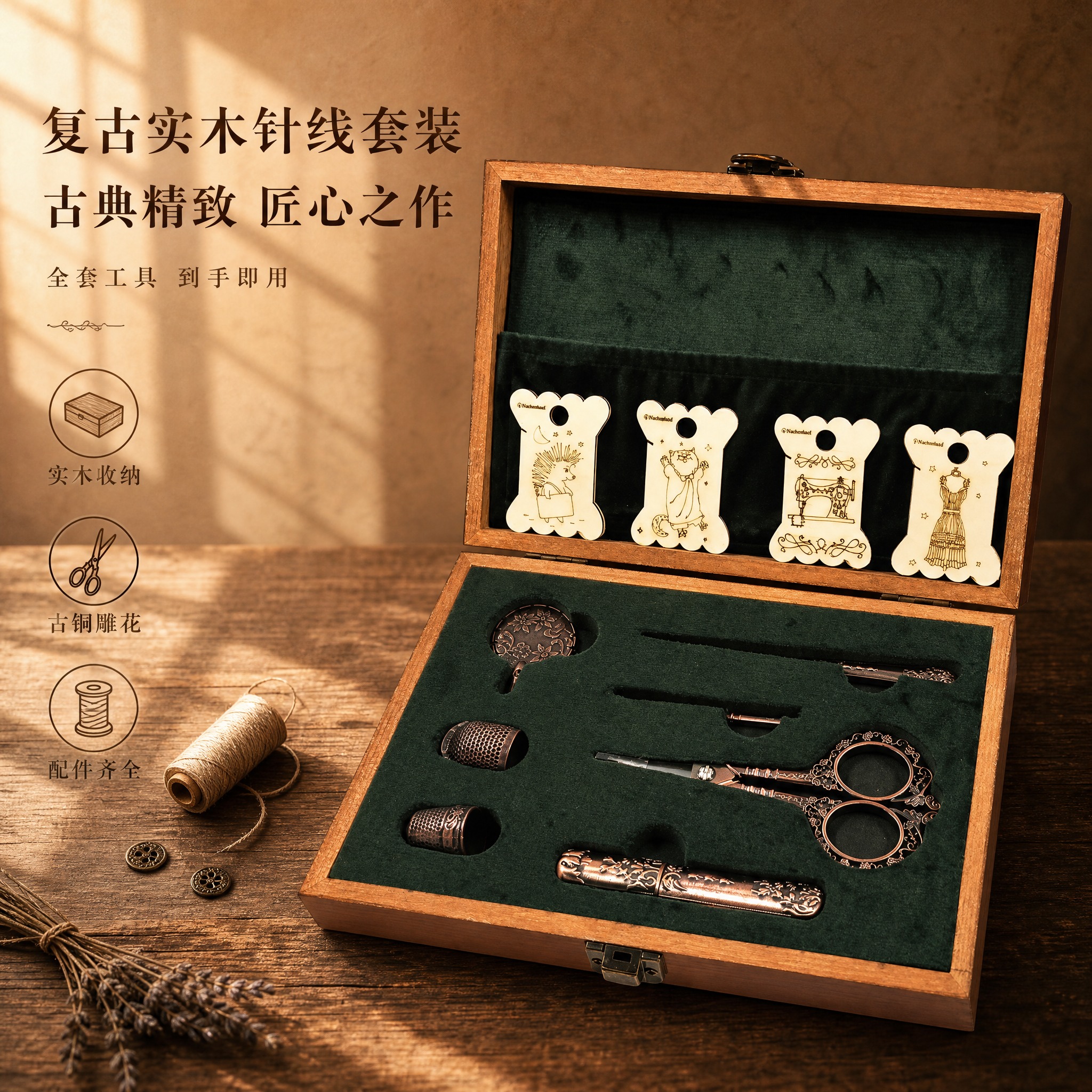 [单张主图] 复古实木针线工具套装，高级氛围感路线，淘宝天猫1… - 图片创意预览