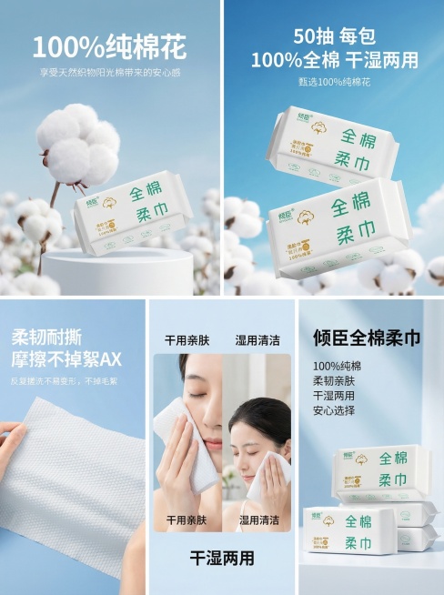 生成五张倾臣全棉柔巾的电商详情图，参考已有四张图片的清新干净风格，分别展示产品的不同卖点：100%纯棉花原料、双包产品展示、柔韧耐撕不掉絮特性、干湿两用特点，保留原产品文案信息，每张排版简洁美观适合电预览效果