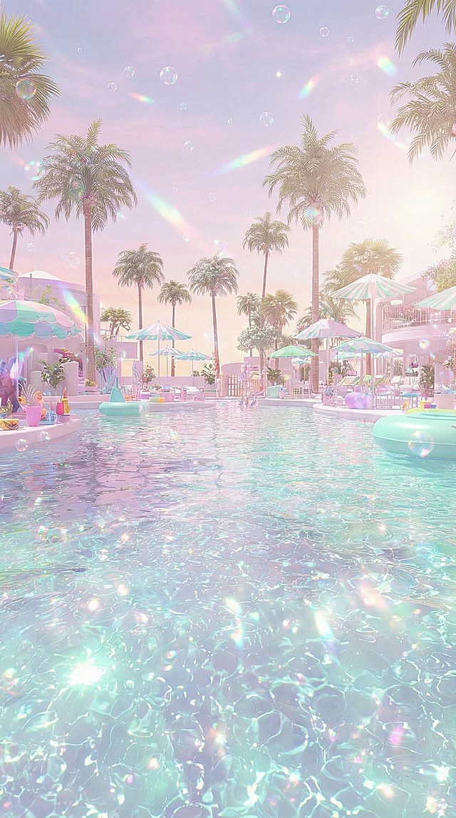 Create an image of the sea, a summery atmosphere, soft pastel colors, a dreamy feel, with holographic light streaks and tiny holographic bubbles floating in the air.