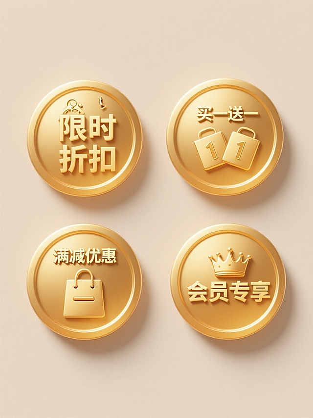 电商促销标签系列素材集合，四个完全不同促销主题的金色圆形徽章规整排布于纯色背景上，保持3D立体质感、金色渐变色调、明亮高光与柔和阴影的统一风格，每个徽章包含环绕的金色圆环、内部主题文字与装饰元素：第一个为"限时折扣"配时钟图标，第二个为"买一送一"配双物品图案，第三个为"满减优惠"配购物袋与减号符号，第四个为"会员专享"配皇冠标志，所有文字采用相同金色立体书法字体，整体设计简洁大气，符合电商促销视觉层级与信息传达效率。