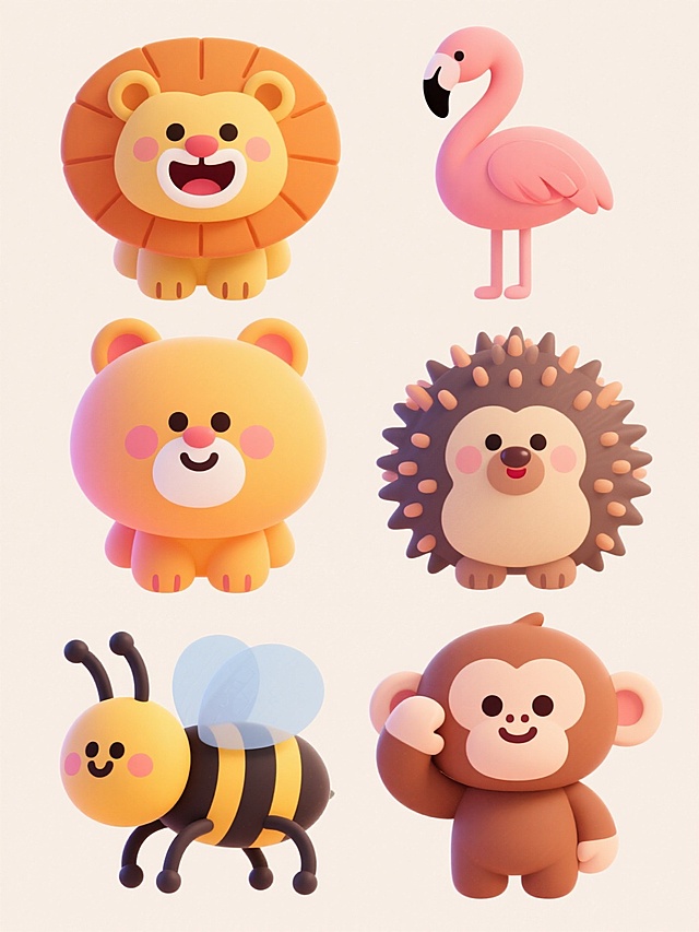 一组六个不同动物的卡通形象集合，采用可爱圆润的Q版风格，每个动物都有大大的头部、短小的四肢和萌系表情，色彩鲜艳明快，使用渐变色调和柔和的阴影，背景为纯色，整体画面规整排布，分别是咧嘴笑的狮子、优雅的火烈鸟、缩成一团的刺猬、勤劳的蜜蜂、排队的蚂蚁和抓耳挠腮的猴子，每个动物都有独特的特征和鲜明的色彩，保持统一的卡通风格和设计感。
