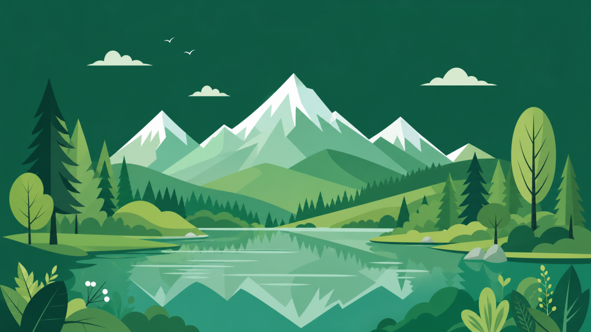 绿色系扁平风格插画，包含山，树，雪山和湖泊，深绿色背景，画面清新自然预览效果