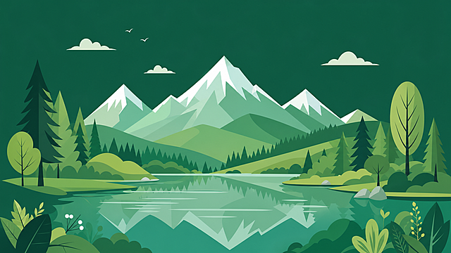 绿色系扁平风格插画，包含山，树，雪山和湖泊，深绿色背景，画面清新自然