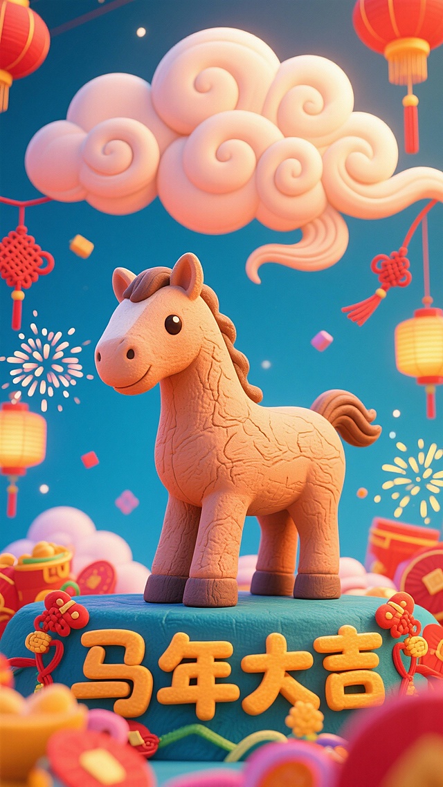 生成一个小马的形象，小马背后是祥云，从上到下依次是祥云，小马，文字“马年大吉”周围要有一些节日元素