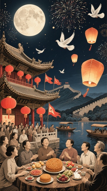 精细的铜版画线条质感，天空悬着一轮饱满的圆月和绚烂烟花，和平鸽在夜空飞翔，银辉洒在故宫城楼的飞檐上，檐角下挂满红灯笼，灯笼穗子随风轻晃，与楼前飘扬的旗帜相映，远处山上蜿蜒的长城，近处西湖湖面上游船上摆预览效果