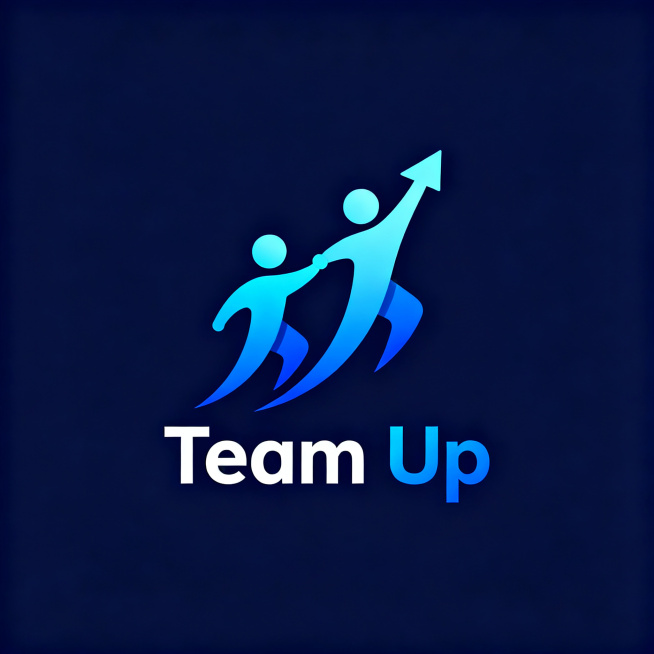 为AI培训网站设计名为"Team Up"的logo，现代简约风格，科技感，蓝色科技渐变配色，包含携手向上的团队协作图形元素，适合网站应用的标志设计，简洁干净，专业大气预览效果