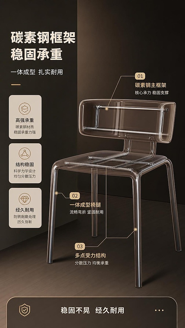 [商品] 使用【图1】右侧DY-8815B星球棕餐椅；保留整体结构、椅腿造型、碳素钢材质与深棕颜色；商品处理：半透明透视效果展示内部碳素钢框架结构，增强金属架质感与光泽，保持外部轮廓与比例不变。
[画面] 目标：结构框架解析页，展示碳素钢内架稳固承托。左文右结构构图，左侧约2/5文案区，右侧3/5为餐椅半透视3D效果；椅身PU皮做半透明处理，露出内部碳素钢框架结构，用引线标注关键承托部位；产品占画面约65%，背景为深色渐变突出结构。
[视觉] 套系策略：风格=现代轻奢极简家居商业摄影；标题字=现代无衬线粗体（思源黑体Heavy）；正文字=简洁无衬线体（思源黑体Regular）；主色=雅士白（浅米杏）；背景延展=基于浅米杏做深浅层级、同色渐变和细腻哑光墙面/木质感；强调色=香槟金，仅用于小面积图标、引线和标签；标题色=深炭灰；正文色=中暖灰；组件=圆角浅底信息卡、细线引线、数字序号胶囊；光影=左前侧暖柔光，柔和自然阴影。
[文字] 左侧主标题「碳素钢框架 稳固承重」（8字），副标题「一体成型 扎实耐用」（8字）；右侧引线标注3处：「碳素钢主框架」「一体成型椅腿」「多点受力结构」；底部补充「稳固不晃 经久耐用」。
[规格] 图片比例9:16竖版，4K分辨率，淘宝/天猫移动端适配；负向提示：避免变形、错字、文字过小、冷蓝背景、产品颜色改变、结构失真、极限词。