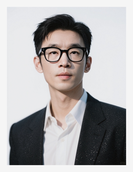 一个帅哥，黑色发型，黑框眼镜，时尚服饰，面部特写预览效果