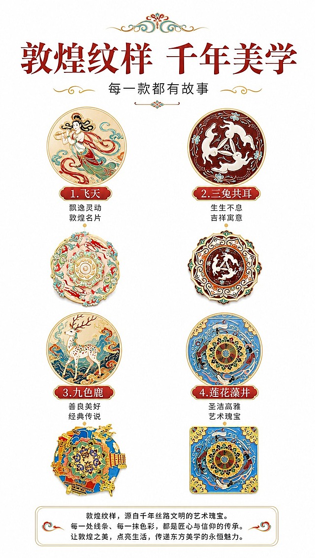 [商品] 使用【图3】5款敦煌冰箱贴（飞天/三兔/敦煌建筑等）作为纹样展示载体；保留每款的核心纹样：飞天飘带、三兔共耳、莲花藻井、敦煌楼阁；商品处理：突出纹样细节，排列整齐。
[画面] 页面目标：敦煌文化元素解读，赋予产品文化内涵；构图：上中下结构，顶部标题，中部4个纹样圆形图标+对应冰箱贴小图，底部文案；背景：纯净白底，每个纹样图标配淡金色圆形底纹；前中后景：前景纹样图标与产品小图、中景淡金圆底、后景纯白底；阅读动线：从上至下，依次阅读4个文化元素。
[视觉] 套系策略：风格=白底简约国潮敦煌风商业摄影；标题字=国风宋体粗体（带衬线，典雅大气）；正文字=简洁无衬线中黑体；主色=朱砂红+石青蓝+鎏金；背景延展=纯白底色，纹样图标用鎏金圆形底衬；强调色=鎏金色，仅用于图标、引线、装饰线条和重点文字；标题色=深朱砂红；正文色=深炭灰；组件=圆角金边信息卡、敦煌卷草纹分割线；光影=均匀柔光，图标清晰，色彩饱满。
[文字] 主标题：敦煌纹样 千年美学（顶部居中，大字号）；副标题：每一款都有故事；4个文化点：1. 飞天 飘逸灵动 敦煌名片；2. 三兔共耳 生生不息 吉祥寓意；3. 九色鹿 善良美好 经典传说；4. 莲花藻井 圣洁高雅 艺术瑰宝；每个文化点配对应冰箱贴缩略图，2x2排列，所有文字横向排版。
[规格] 图片比例9:16竖版，4K分辨率，负向提示：避免变形、错字、文字过小、纹样模糊、颜色失真、元素缺失、背景杂乱。