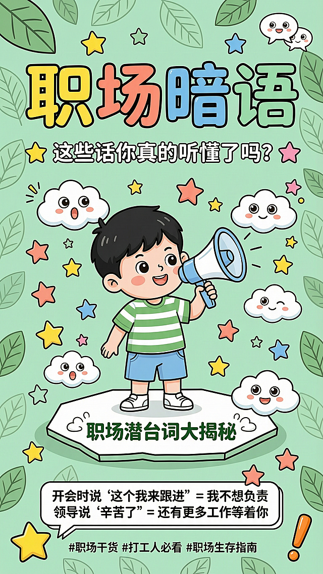 卡通扁平风海报，标题大字"职场暗语"，彩色粗体圆润卡通字体，浅绿色背景，简约叶子装饰纹理，白色不规则多边形底框，卡通小男孩，绿白条纹上衣，手拿蓝白喇叭，Q版卡通云朵带眼睛表情，点缀星星装饰元素，副标题小字，底部对话气泡文字框，活泼马卡龙配色，趣味职场科普海报，粗黑轮廓线，简约插画，高饱和度，适合小红书封面，平面设计，2D矢量插画