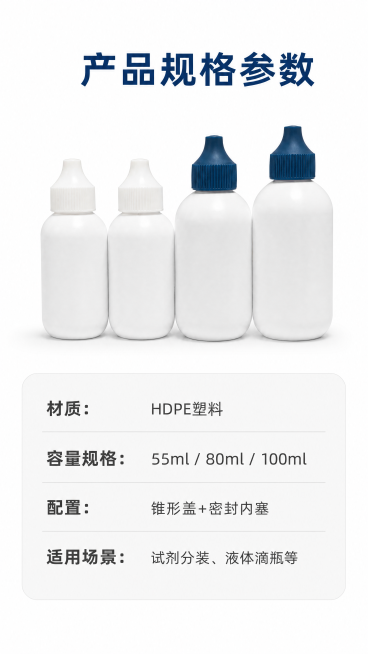 [第7屏] 规格参数信息卡，HDPE锥形滴嘴瓶详细参数展示。本屏使用【图1】作为产品主体参考。
[氛围/风格] 信息卡规整展示，简约清晰专业质感。
[元素布局] 产品图放置在上半部分，四款瓶子并排展示预览效果