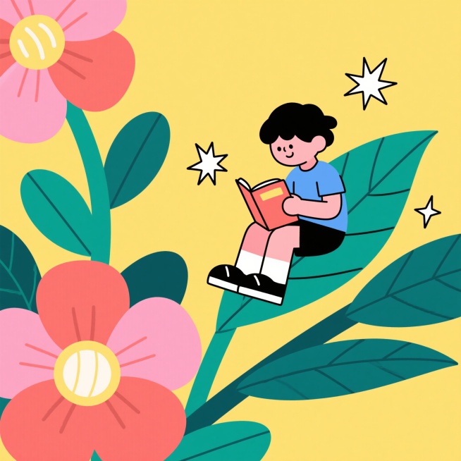 鲜花，小朋友坐在上面；一个人正坐在叶子上看书，一个人侧坐在花蕊上看书，周围爆炸星星，简单线条点缀；潮流感，撞色，鲜艳明快配色，黄色背景预览效果