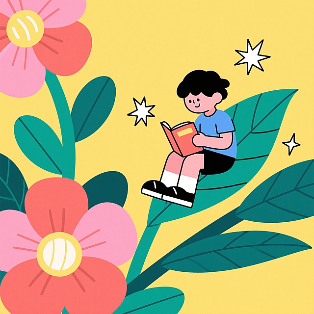 鲜花，小朋友坐在上面；一个人正坐在叶子上看书，一个人侧坐在花蕊上看书，周围爆炸星星，简单线条点缀；潮流感，撞色，鲜艳明快配色，黄色背景