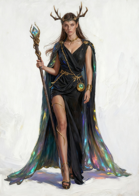 增强画面笔触感，保留原有设计：巫师女性，头戴鹿角，黄金配饰，手拿带晶石木制法杖，黑色长裙斗篷，厚涂笔触风格预览效果