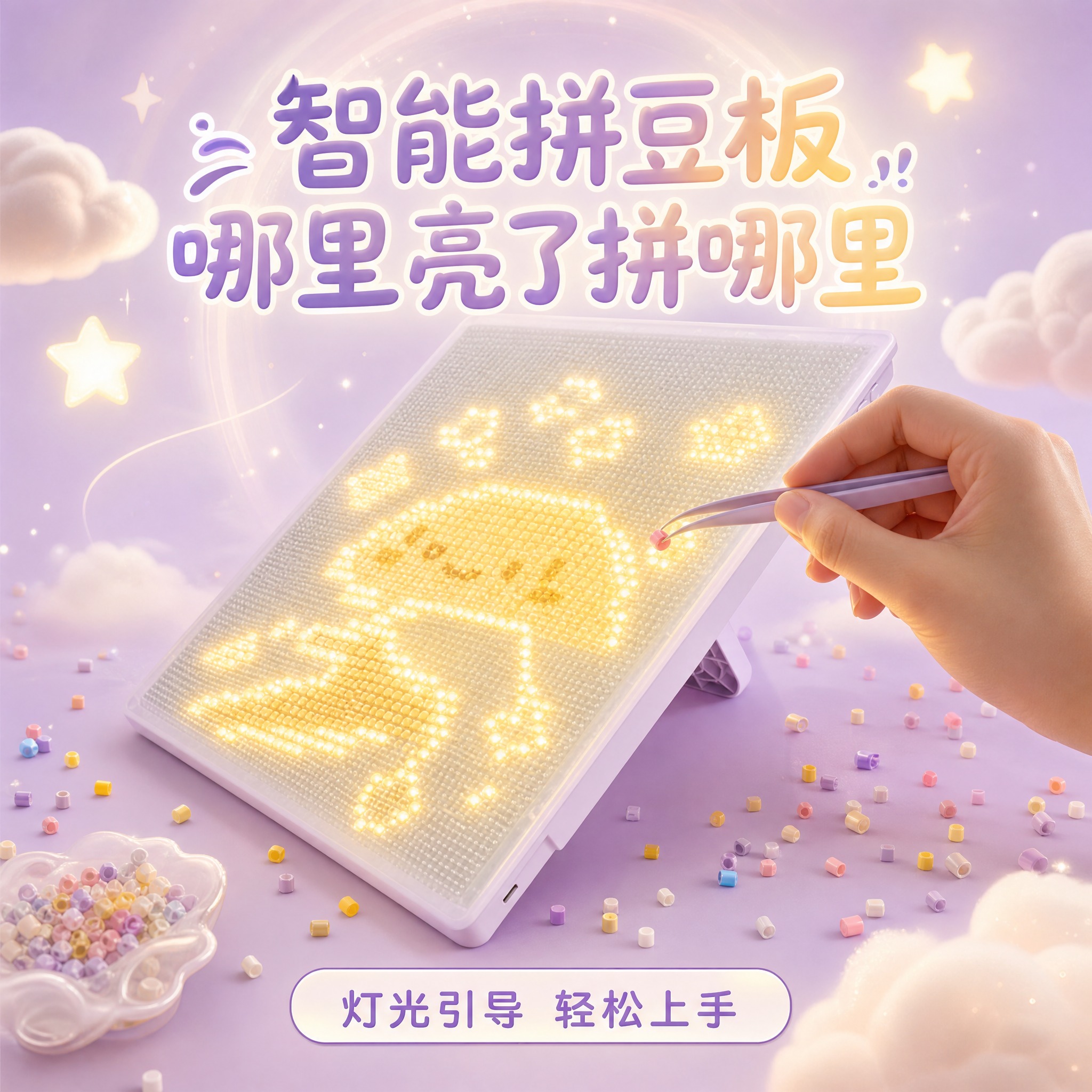 电商高点击主图海报，轻科技治愈风格，浅紫+奶油白+暖黄灯光配色… - 图片创意预览