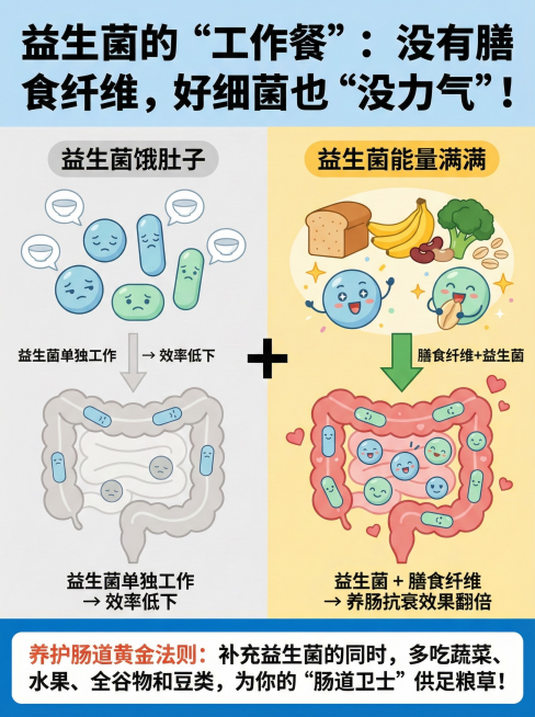 1. 标题区（顶部）

文字：益生菌的“工作餐”：没有膳食纤维，好细菌也“没力气”！

样式：粗体，主标题字号较大。可使用醒目的颜色（如深蓝色或深绿色）。

2. 主体对比区（中部）

左侧 - 场景预览效果