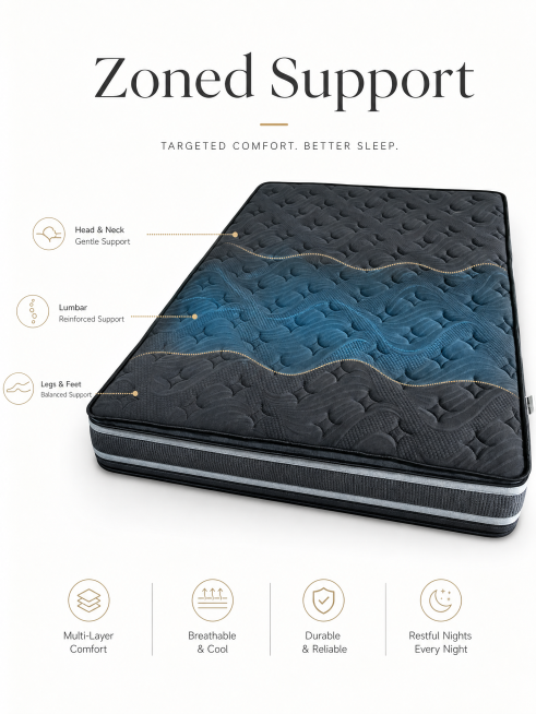 床垫产品介绍图，包含英文功能介绍 "Zoned Support"，专业电商主图风格，白色简约背景，突出深灰色床垫，简洁干净预览效果
