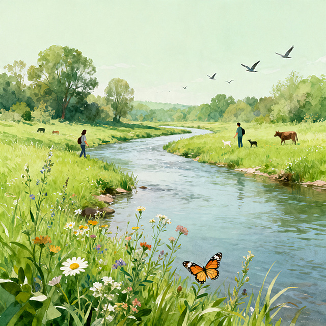一幅全新环保主题的艺术画作，画面展现人与自然和谐共生，绿意盎然的草地干净的河流，生机盎然，画面干净没有任何水印，风格清新自然，充满环保理念