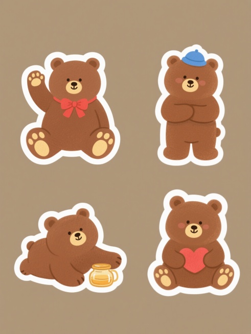 一套四个不同造型的棕色卡通小熊系列素材集合，每个小熊均保持圆润可爱的手绘水彩风格，棕褐色身体搭配米黄色爪垫，整体色调柔和温暖，采用简约纯色背景。第一个小熊坐着并举起一只爪子挥手，脖子系着红色蝴蝶结；第预览效果
