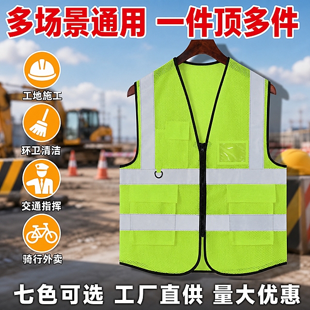 [主图-3] 多场景适用展示图，主题为反光安全马甲适用于工地施工、环卫清洁、交通指挥、骑行外卖等多种场景，突出实用性和通用性。
[统一基调] 拼多多风格，大字直白，性价比感，背景为户外工地场景虚化背景，标题字色为大红色粗体，辅助字色为白色带黑边，强调色为橙黄色，字体为粗黑无衬线体，字号层级分明。
[画面] 画面主体为一件荧光黄绿色桃心网款反光安全马甲正面展示，位于画面中央偏右，主体占比约50%，马甲挂在木质衣架上，网眼面料纹理清晰，反光条明亮。背景为虚化的户外工地/道路施工场景，有安全帽、路障等元素虚化处理，营造真实使用场景氛围。画面左侧和下方分布四个圆形场景小图标，每个图标内是一个简化的场景示意图案。
[光影质感] 户外自然光质感，主光从右上方照射，马甲左侧有自然阴影，网眼面料透气纹理清晰可见，反光条呈现强烈反光效果，背景虚化突出主体马甲，整体光线明亮通透有真实感。
[配色] 背景为户外场景虚化的蓝灰色调，马甲荧光黄绿色，反光条银灰色，主标题大红色粗体带白边，场景图标为橙黄色圆形底白色图案，说明文字白色。
[文字版式] 画面顶部大红色粗体带白边主标题"多场景通用 一件顶多件"。画面左侧竖向排列四个橙黄色圆形图标，每个图标下方白色文字说明：第一个图标安全帽图案配文"工地施工"，第二个图标扫帚图案配文"环卫清洁"，第三个图标交警手势配文"交通指挥"，第四个图标自行车配文"骑行外卖"。画面底部一行白色大字"七色可选 工厂直供 量大优惠"。文字全部横排，清晰可读，不遮挡马甲主体。
[输出要求] 比例1:1，2048x2048像素，文字清晰无错字，产品清晰不变形，场景氛围真实，无水印无平台Logo，无极限词违禁词。