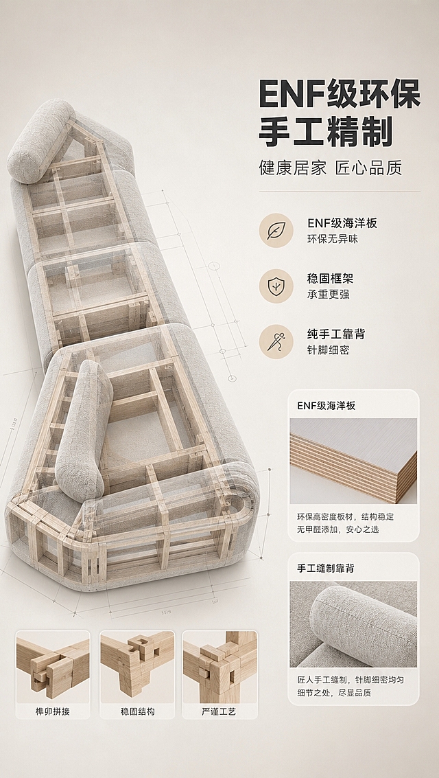 [商品] 使用【图1】浅灰色L型模块化布艺沙发；保留整体轮廓和浅灰面料；以半透明透视效果展示内部ENF级海洋板框架结构，外部面料保持可见但做半透明处理，让内部木质框架清晰呈现。
[画面] 目标：框架结构页，展示环保板材与手工工艺。构图：右文左景竖版布局，左侧为沙发透视骨架图，清晰展示内部实木框架的龙骨结构、榫卯拼接细节；右侧为文案区+海洋板材质特写小图+手工缝制靠背细节小图。主体占画面约65%。背景为浅米灰渐变，搭配工程线稿辅助元素。
[视觉] 套系策略：风格=亮色调极简侘寂风高级家居摄影；标题字=现代无衬线粗黑体；正文字=简洁无衬线体；主色=浅米灰；背景延展=基于浅米灰做深浅层级、同色渐变和细腻微水泥/织物质感；强调色=奶杏色，仅用于小面积图标、引线和标签；标题色=深炭灰；正文色=中暖灰；组件=圆角浅底信息卡、细线引线、胶囊形卖点框；光影=左前侧暖柔光，柔和漫反射。
[文字] 右侧主标题「ENF级环保 手工精制」，副标题「健康居家 匠心品质」，下方3个卖点：「ENF级海洋板 · 环保无异味」「稳固框架 · 承重更强」「纯手工靠背 · 针脚细密」。每个卖点配小图标。
[规格] 图片比例9:16竖版，4K分辨率，避免变形、错字、文字过小、冷蓝背景、结构失真、极限词。