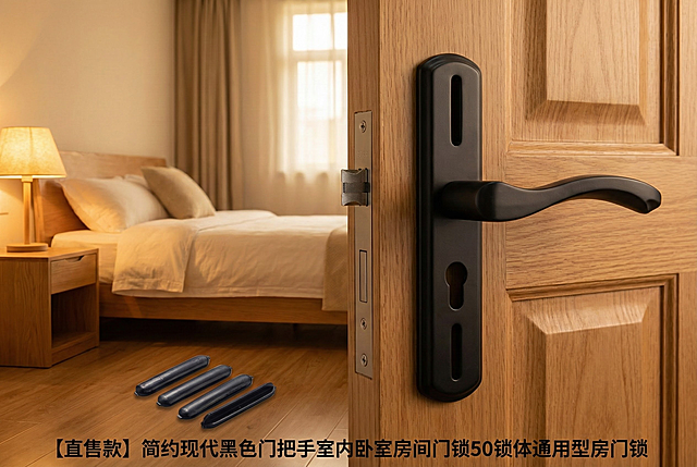 帮我生成一组拼多多套图，这款商品产品名称：【直售款】简约现代黑色门把手室内卧室房间门锁50锁体通用型房门锁 核心卖点：旧门换锁无需改孔，木工推荐一秒换秒懂，换锁无忧轻松安装，把手结合工程学设计舒适握感，不易下垂，高质量耐腐蚀不生锈，安装孔距可调节，帮我生产主图、卖点图、场景图、细节图、安装示意图，语言是中文,场景为温馨的居家风味，画面细节处理精细，突显质感