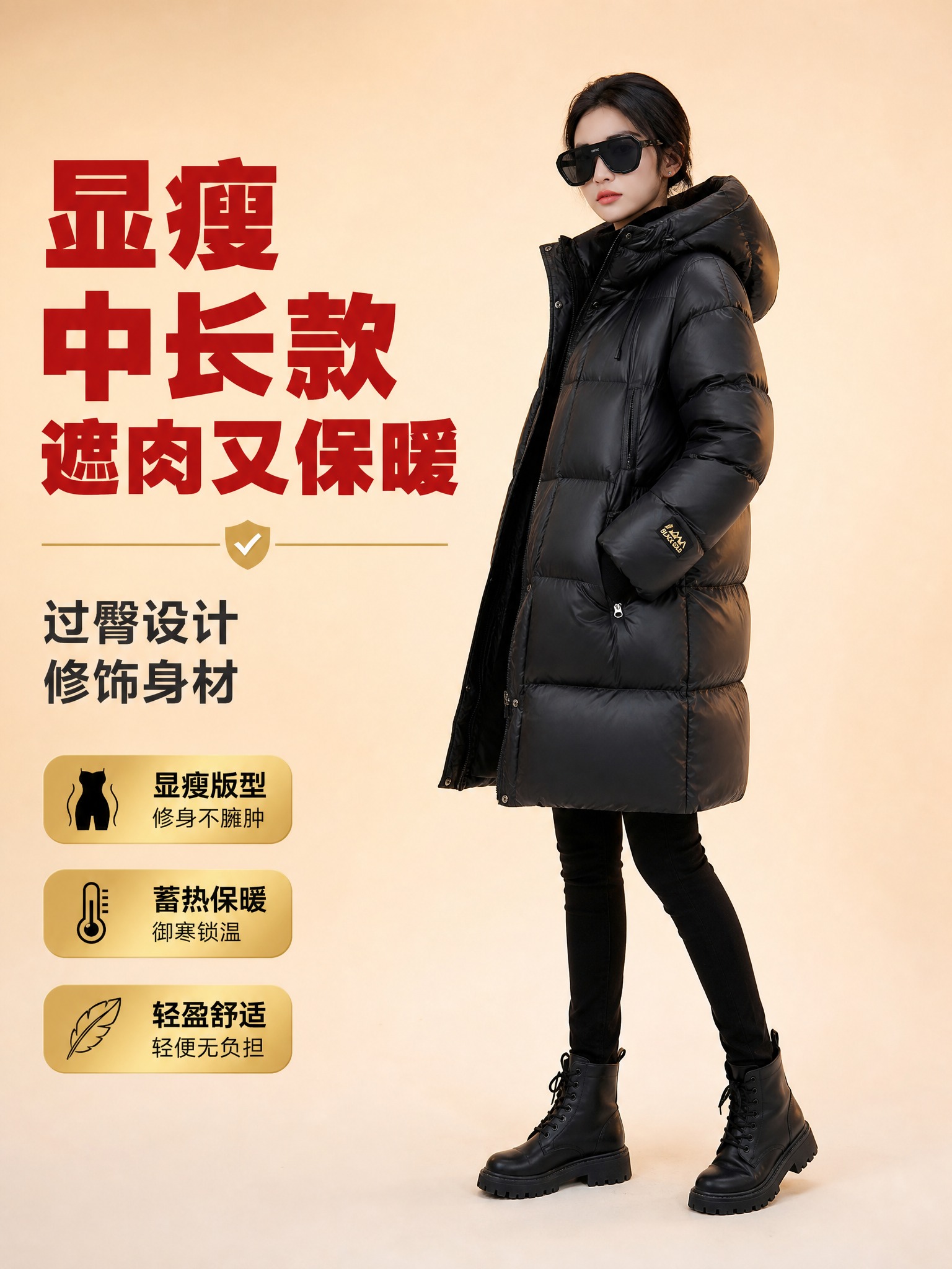 [主图-2] 黑金标中长款连帽羽绒服侧面展示图，突出版型显瘦和… - 图片创意预览