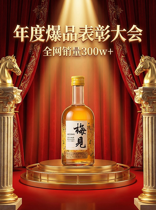 写实风，奢华感，主色调为高饱和亮红搭配奢华金色，舞台下方仰视视角。主体位于舞台上的双层金属圆形展台上（占30%视觉比例），顶部暖色聚光灯投射于主体，背景为垂坠感红色丝绒幕布（装饰金色走线），两侧装饰华丽金马造型欧式石柱（前景左右对称）。画面上方为3d金属细体亮金色文字“年度爆品表彰大会”，副标题金属小字“全网销量300w+”。