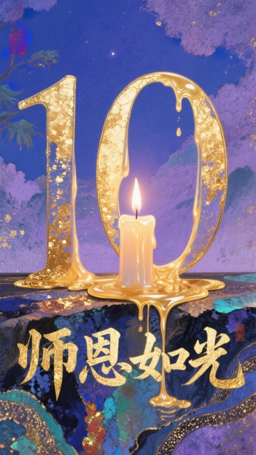 融化的蜡烛的烛油，慢慢汇聚成数字 “10”，背景是深邃而温柔的蓝紫色夜空，蓝色与紫色相互交融，过渡自然，在蜡烛下方，展开着烫金质感的艺术字体 “师恩如光”。字体的笔画粗壮有力，预览效果