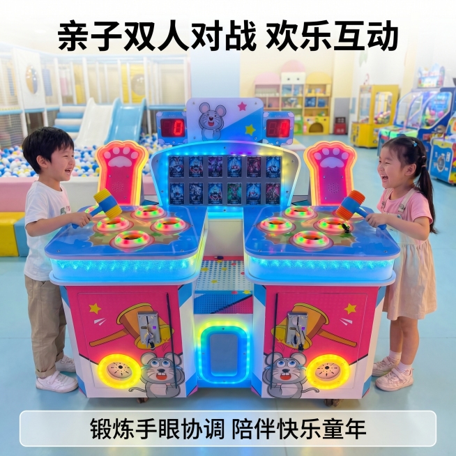 [主图 4] 儿童双人打地鼠电玩机对战场景展示。[氛围风格] 生动欢乐亲子互动氛围，电商场景化风格。[画质] 商业摄影质感，场景真实自然，产品清晰通透。[元素] 儿童双人打地鼠电玩机放置在儿童游乐场游预览效果