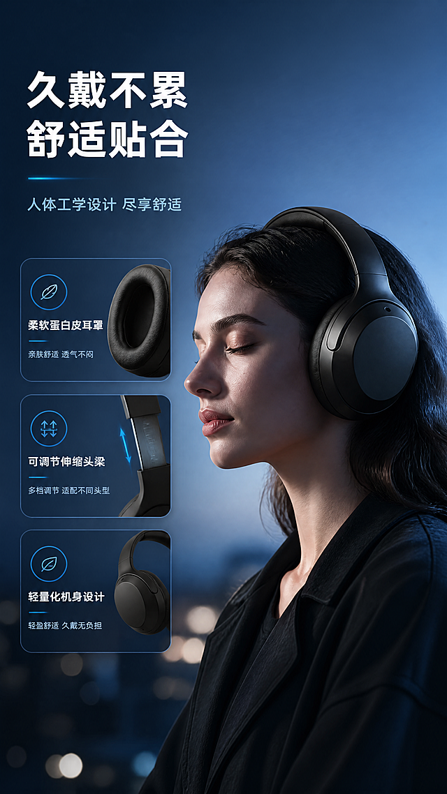[商品] 使用【图1】黑色头戴式蓝牙耳机；保留耳机整体结构、头梁、耳罩圆形设计、黑色哑光材质、头梁软垫细节；保持产品比例和颜色不变。
[画面] 目标：舒适佩戴体验页，展示人体工学设计。画面右侧为女性佩戴耳机的侧面特写，重点展示头梁贴合头部、耳罩包裹耳朵的舒适状态，人物表情放松自然，占画面约55%。左侧为文案区，配耳罩软垫、可调节头梁的细节小图。浅蓝渐变背景，氛围柔和舒适。
[视觉] 套系策略：风格=都市科技感商业摄影；标题字=现代无衬线粗黑体；正文字=简洁无衬线体；主色=深空蓝黑；背景延展=基于蓝黑色做深浅渐变、夜景光斑和金属质感；强调色=冰蓝色，仅用于小面积图标、引线和光效；标题色=纯白色；正文色=浅灰蓝色；组件=圆角半透明信息卡、细线引线；光影=柔和侧光，突出佩戴舒适度和质感。
[文字] 左上主标题"久戴不累 舒适贴合"，副标题"人体工学设计 尽享舒适"。下方3个卖点："柔软蛋白皮耳罩"、"可调节伸缩头梁"、"轻量化机身设计"。配细节图标辅助说明。文字全部横向排版，不遮挡人物面部。
[规格] 图片比例9:16竖版，4K，避免变形、错字、文字过小、颜色改变、结构失真。