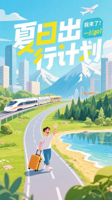夏日出游海报，欢快的美术字“夏日出行计划”小字“我来了！一起go!”图中有高山，海滩，密林，草地，湖泊，林立的高楼，高铁，客车，飞机，公路，拉旅行箱的人快乐招手预览效果