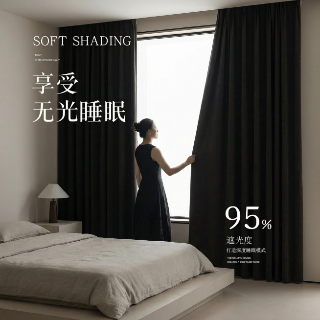 不改变窗帘的面料材质，切换不同的家装场景（最好是现代风极简风），改变角度，保留文字，一次生成4张；预览效果